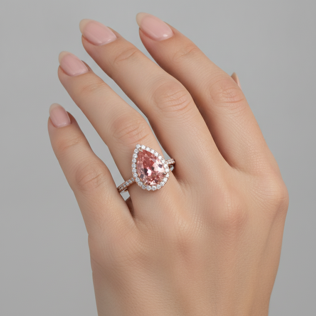 Pfirsich-Saphir Verlobungsring 2,8 Karat Echter Padparadscha im Tropfenschliff Halo Pavé 14 Karat Roségold
