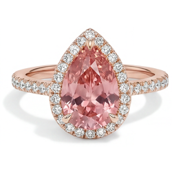 Halo-Pavé-Ring aus 14 Karat Roségold mit natürlichem pfirsichfarbenem Padparadscha-Saphir im Tropfenschliff (2,8 Karat)