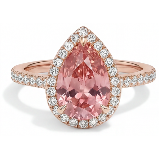 Halo-Pavé-Ring aus 14 Karat Roségold mit natürlichem pfirsichfarbenem Padparadscha-Saphir im Tropfenschliff (2,8 Karat)