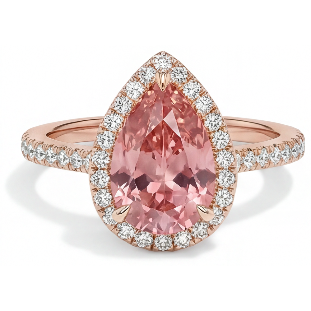 Halo-Pavé-Ring aus 14 Karat Roségold mit natürlichem Padparadscha-Pfirsichsaphir im Tropfenschliff, 2,8 Karat