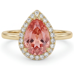 Ring mit natürlichem rosa Padparadscha-Saphir, 2,8 Karat, Tropfenschliff, Halo, schlicht, 14 Karat Gelbgold