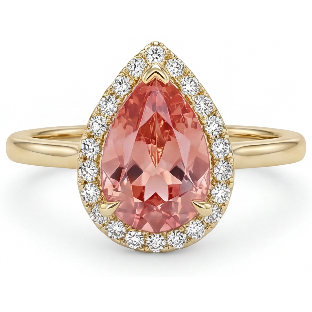 Ring mit natürlichem rosa Padparadscha-Saphir, 2,8 Karat, Tropfenschliff, Halo, schlicht, 14 Karat Gelbgold