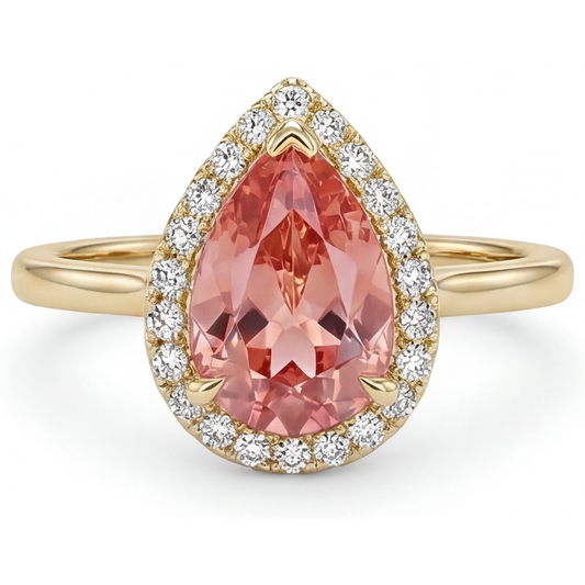 Ring mit natürlichem rosa Padparadscha-Saphir, 2,8 Karat, Tropfenschliff, Halo, schlicht, 14 Karat Gelbgold