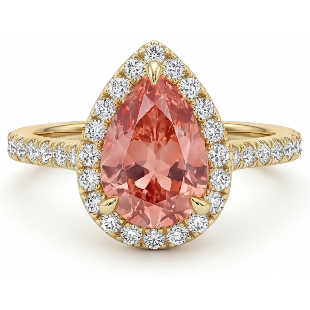 Padparadscha-Saphir-Ring 2,8 Karat Echter Tropfenschliff Halo 14 Karat Gelbgold