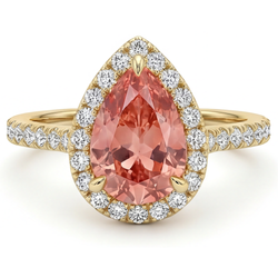 Padparadscha-Saphir Ring 2,8 Karat Echter Tropfenschliff Halo 14 Karat Gelbgold