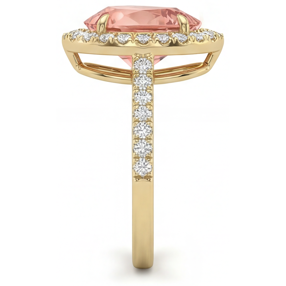 Halo-Pavé-Ring aus 14 Karat Gelbgold mit echtem pfirsichfarbenem Padparadscha-Saphir im Tropfenschliff, 2,8 Karat