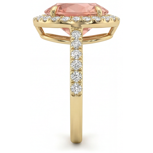 Padparadscha-Saphir Ring 2,8 Karat Echter Tropfenschliff Halo 14 Karat Gelbgold