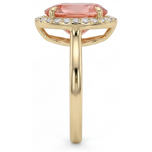 Ring mit natürlichem rosa Padparadscha-Saphir, 2,8 Karat, Tropfenschliff, Halo, schlicht, 14 Karat Gelbgold