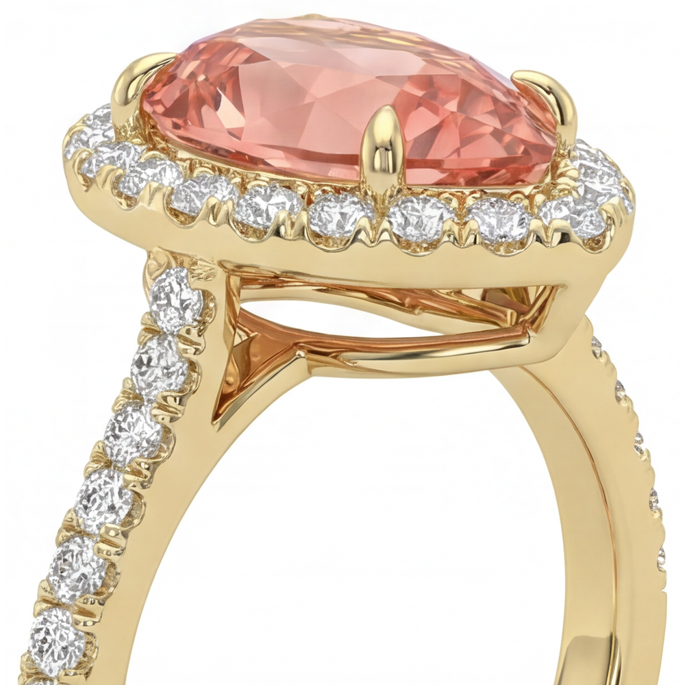Halo-Pavé-Ring aus 14 Karat Gelbgold mit echtem pfirsichfarbenem Padparadscha-Saphir im Tropfenschliff, 2,8 Karat