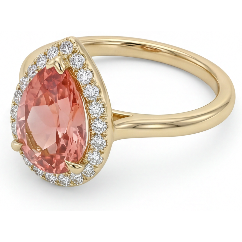 Ring mit natürlichem rosa Padparadscha-Saphir, 2,8 Karat, Tropfenschliff, Halo, schlicht, 14 Karat Gelbgold