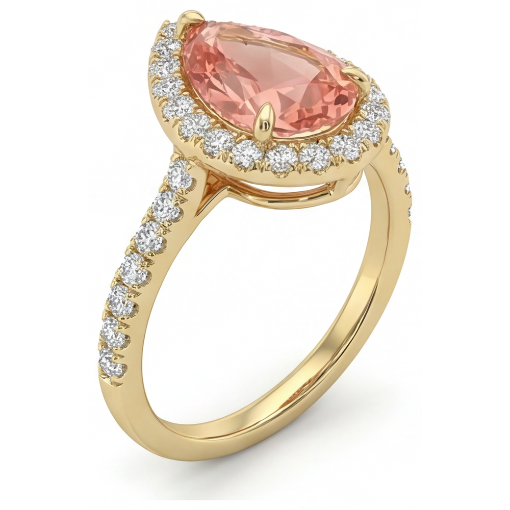 Padparadscha-Saphir Ring 2,8 Karat Echter Tropfenschliff Halo 14 Karat Gelbgold