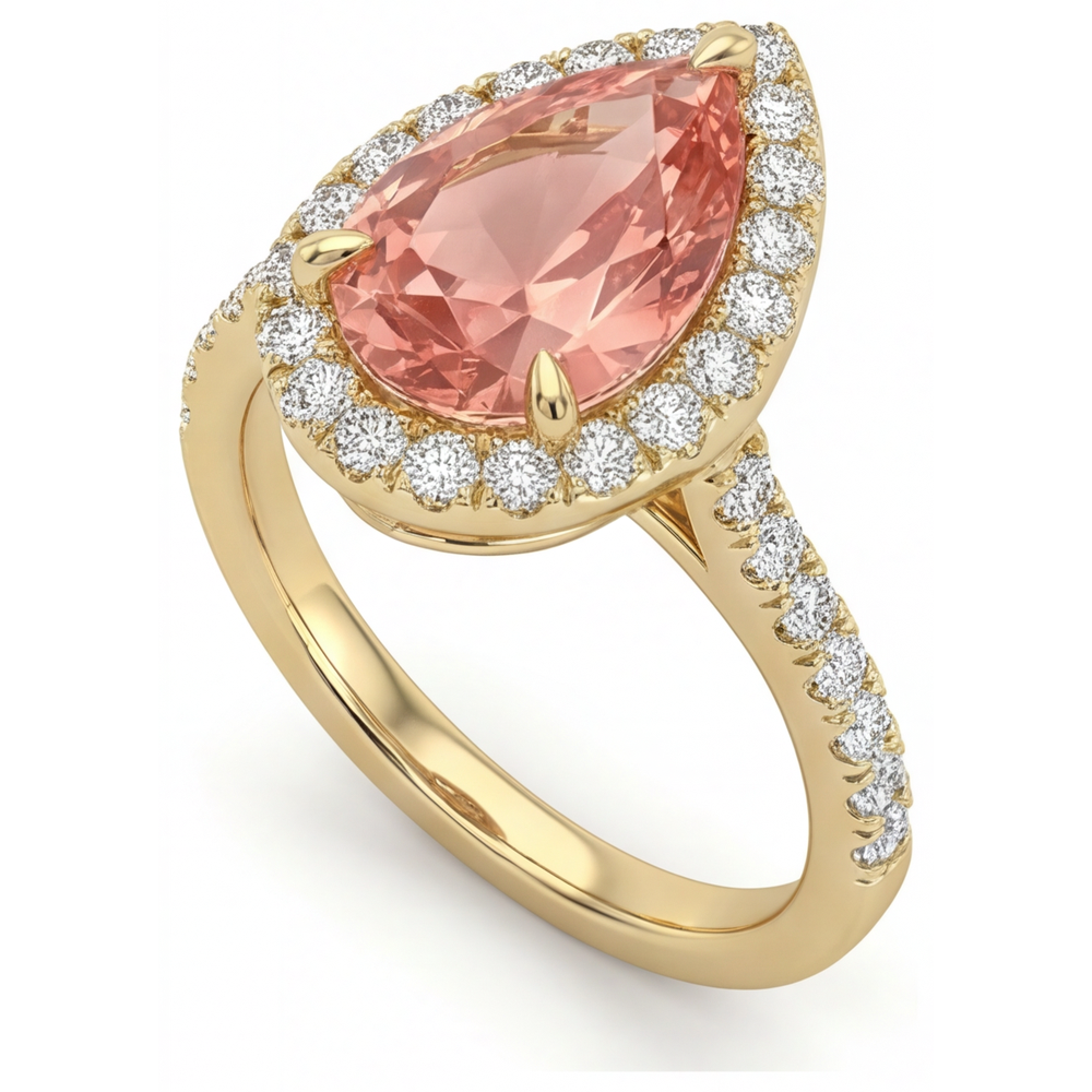 Halo-Pavé-Ring aus 14 Karat Gelbgold mit echtem pfirsichfarbenem Padparadscha-Saphir im Tropfenschliff, 2,8 Karat