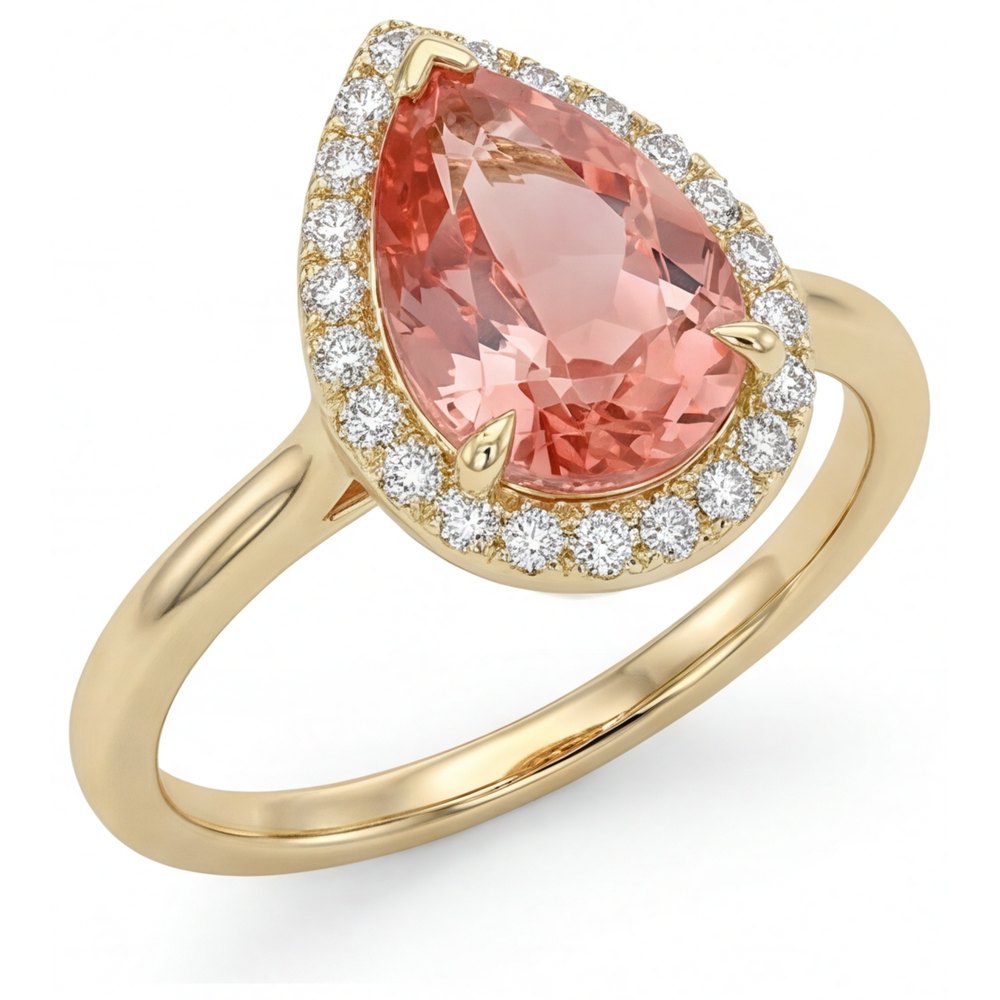 Ring mit natürlichem rosa Padparadscha-Saphir, 2,8 Karat, Tropfenschliff, Halo, schlicht, 14 Karat Gelbgold