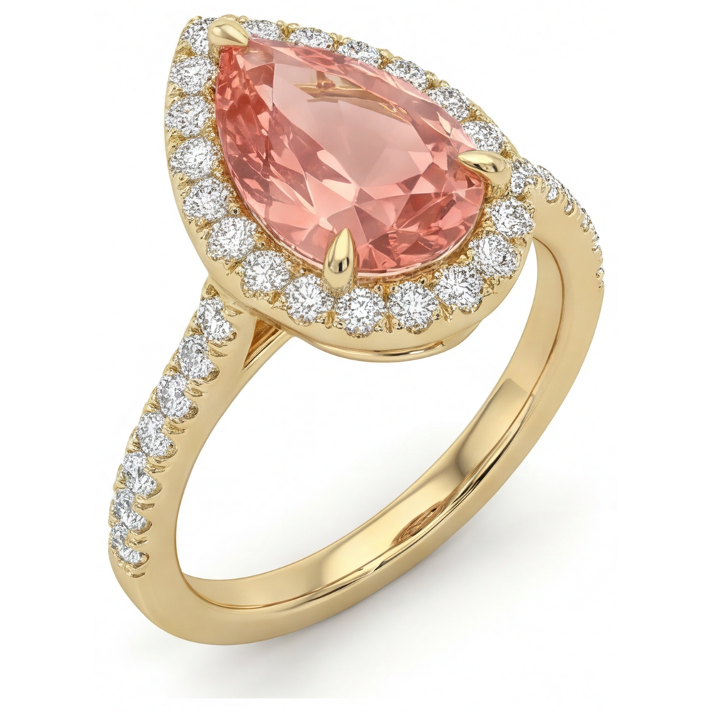 Halo-Pavé-Ring aus 14 Karat Gelbgold mit echtem pfirsichfarbenem Padparadscha-Saphir im Tropfenschliff, 2,8 Karat
