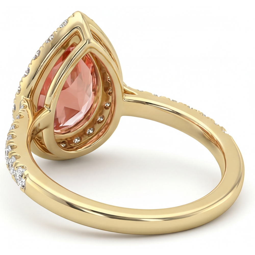 Padparadscha-Saphir-Ring 2,8 Karat Echter Tropfenschliff Halo 14 Karat Gelbgold