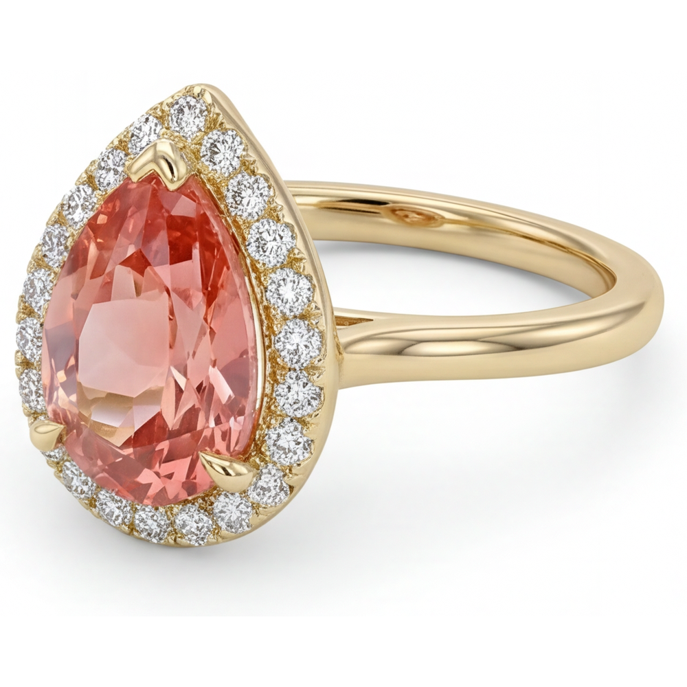 Ring mit natürlichem rosa Padparadscha-Saphir, 2,8 Karat, Tropfenschliff, Halo, schlicht, 14 Karat Gelbgold