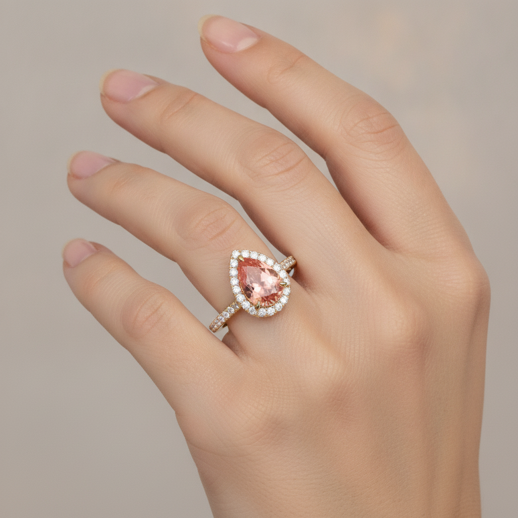 Halo-Pavé-Ring aus 14 Karat Gelbgold mit echtem pfirsichfarbenem Padparadscha-Saphir im Tropfenschliff, 2,8 Karat