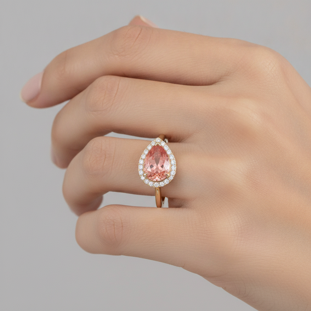 Ring mit natürlichem rosa Padparadscha-Saphir, 2,8 Karat, Tropfenschliff, Halo, schlicht, 14 Karat Gelbgold
