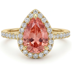 Halo-Pavé-Ring aus 14 Karat Gelbgold mit echtem pfirsichfarbenem Padparadscha-Saphir im Tropfenschliff, 2,8 Karat