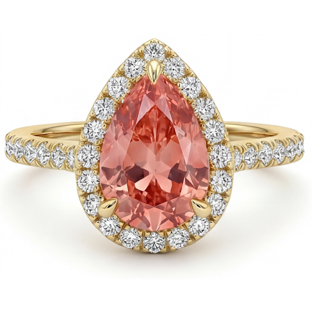 Halo-Pavé-Ring aus 14 Karat Gelbgold mit echtem pfirsichfarbenem Padparadscha-Saphir im Tropfenschliff, 2,8 Karat