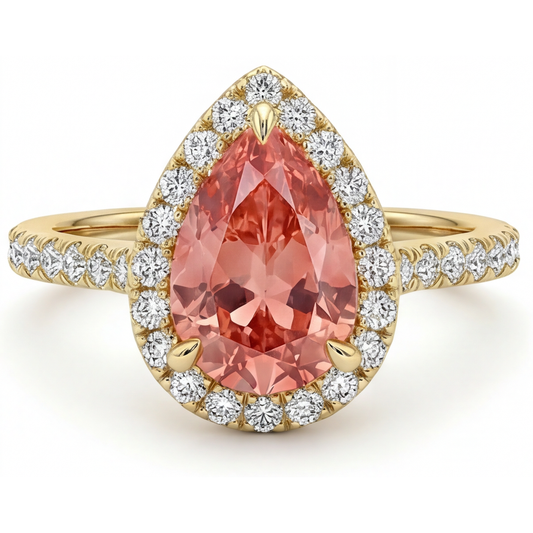Halo-Pavé-Ring aus 14 Karat Gelbgold mit echtem pfirsichfarbenem Padparadscha-Saphir im Tropfenschliff, 2,8 Karat