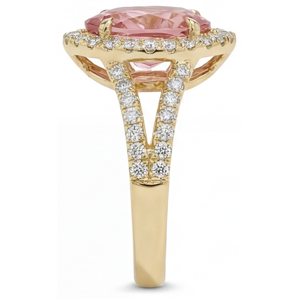 Echter pfirsichfarbener Padparadscha-Saphir Halo-Ring im Tropfenschliff mit geteilter Ringschiene, 2,8 Karat, 14 Karat Gelbgold