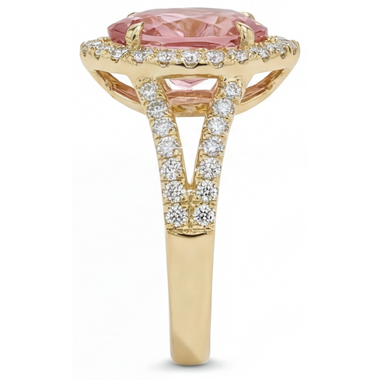 Echter pfirsichfarbener Padparadscha-Saphir Halo-Ring im Tropfenschliff mit geteilter Ringschiene, 2,8 Karat, 14 Karat Gelbgold