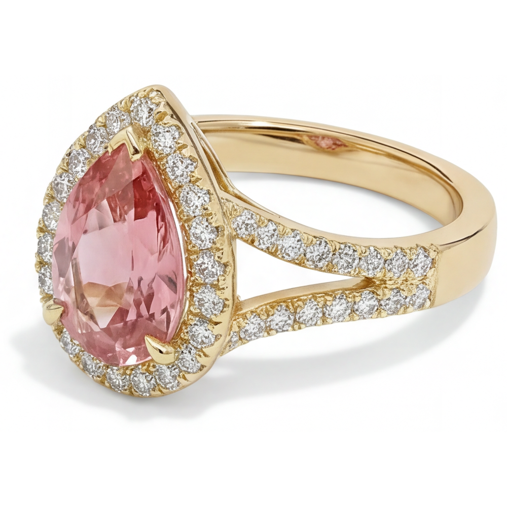 Echter pfirsichfarbener Padparadscha-Saphir Halo-Ring im Tropfenschliff mit geteilter Ringschiene, 2,8 Karat, 14 Karat Gelbgold