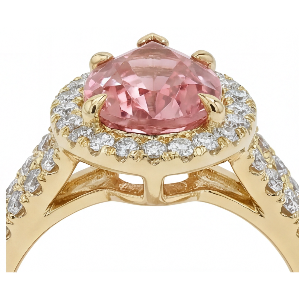 Echter pfirsichfarbener Padparadscha-Saphir Halo-Ring im Tropfenschliff mit geteilter Ringschiene, 2,8 Karat, 14 Karat Gelbgold