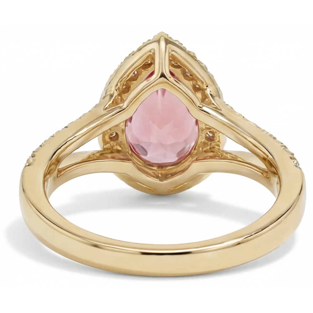 Echter pfirsichfarbener Padparadscha-Saphir Halo-Ring im Tropfenschliff mit geteilter Ringschiene, 2,8 Karat, 14 Karat Gelbgold