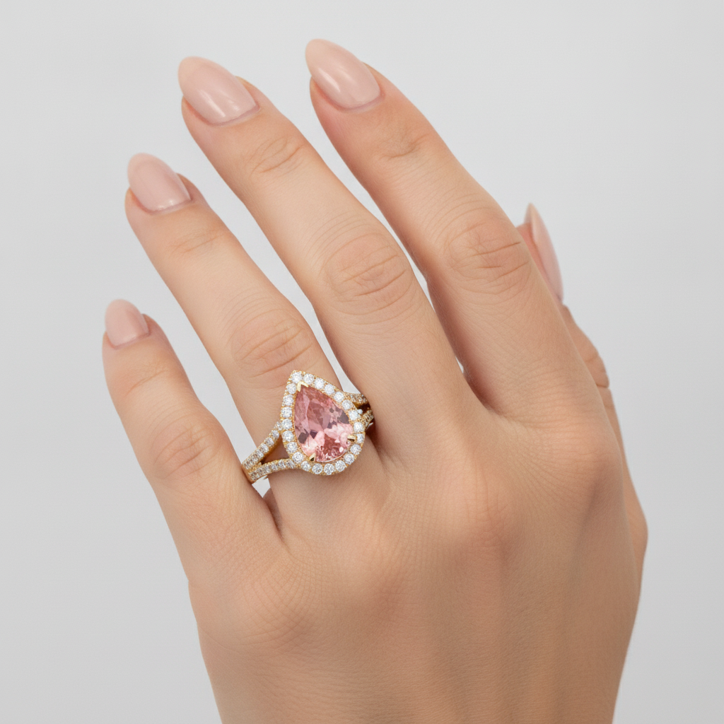Echter pfirsichfarbener Padparadscha-Saphir Halo-Ring im Tropfenschliff mit geteilter Ringschiene, 2,8 Karat, 14 Karat Gelbgold