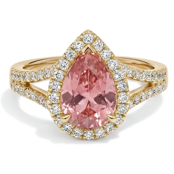 Echter pfirsichfarbener Padparadscha-Saphir Halo-Ring im Tropfenschliff mit geteilter Ringschiene, 2,8 Karat, 14 Karat Gelbgold