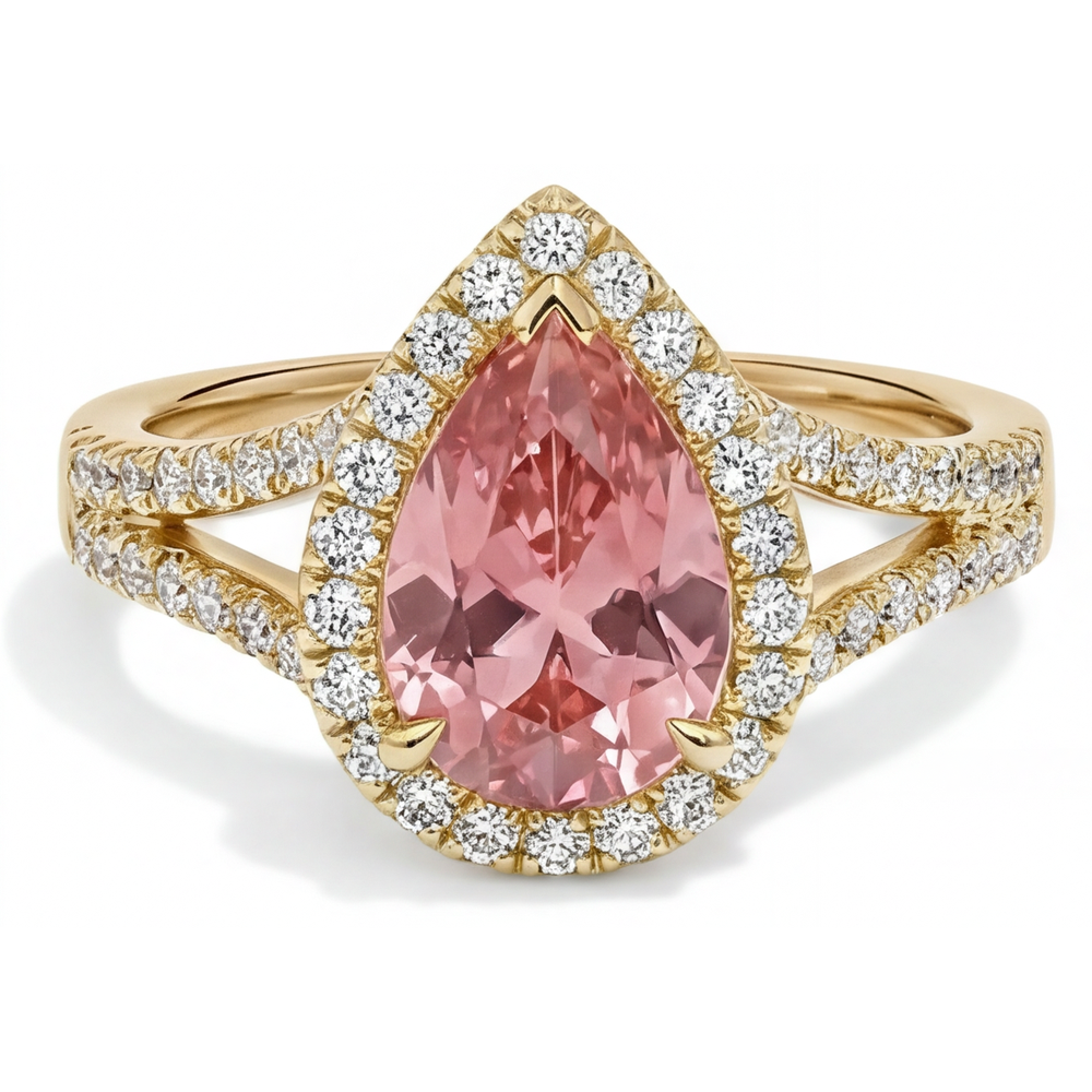Echter pfirsichfarbener Padparadscha-Saphir Halo-Ring im Tropfenschliff mit geteilter Ringschiene, 2,8 Karat, 14 Karat Gelbgold