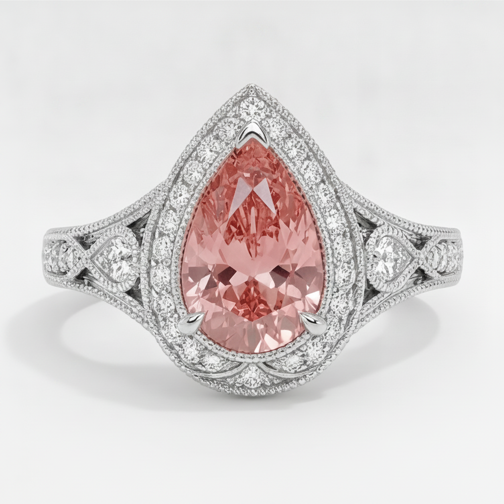 Padparadscha-Saphir-Ring 3,1 Karat Echter Tropfenschliff Halo Vintage 14 Karat Weißgold