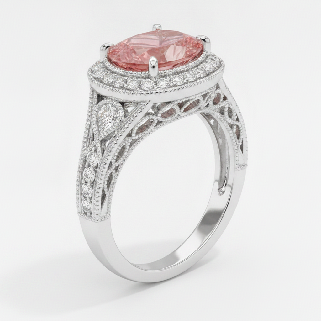 Padparadscha-Saphir-Ring 3,1 Karat Echter Tropfenschliff Halo Vintage 14 Karat Weißgold