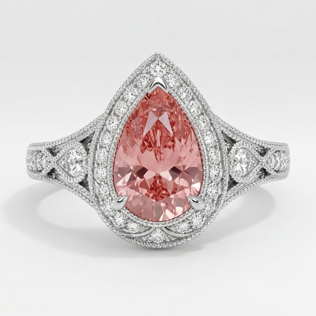 Padparadscha-Saphir-Ring 3,1 Karat Echter Tropfenschliff Halo Vintage 14 Karat Weißgold