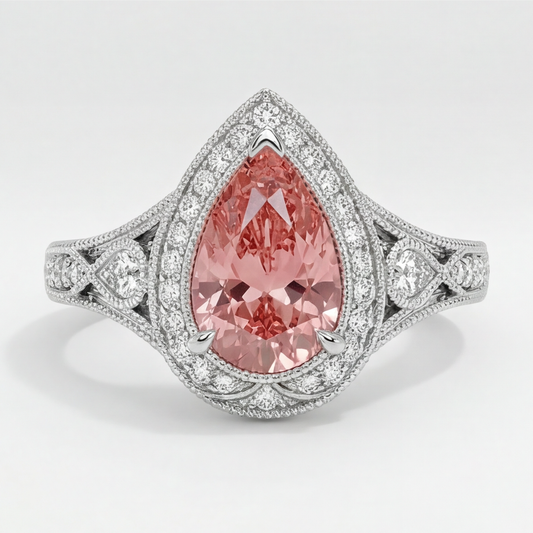 Padparadscha-Saphir-Ring 3,1 Karat Echter Tropfenschliff Halo Vintage 14 Karat Weißgold