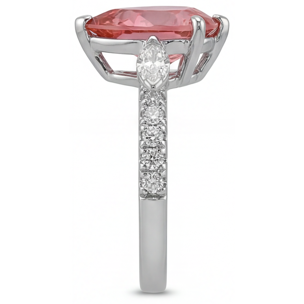 Echter Padparadscha-Pfirsich-Saphir Dreisteinring im Tropfenschliff, 2,9 Karat, 14 Karat Weißgold