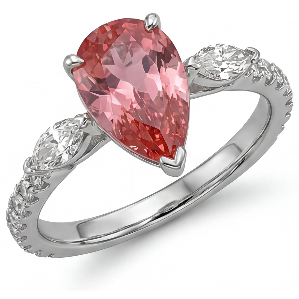 Echter Padparadscha-Pfirsich-Saphir Dreisteinring im Tropfenschliff, 2,9 Karat, 14 Karat Weißgold