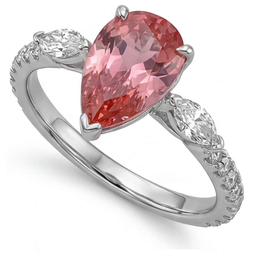 Echter Padparadscha-Pfirsich-Saphir Dreisteinring im Tropfenschliff, 2,9 Karat, 14 Karat Weißgold