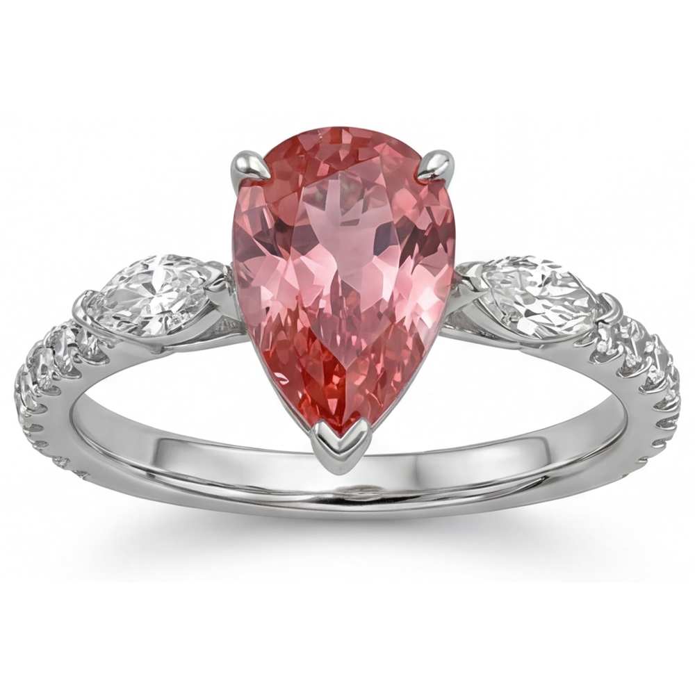 Echter Padparadscha-Pfirsich-Saphir Dreisteinring im Tropfenschliff, 2,9 Karat, 14 Karat Weißgold