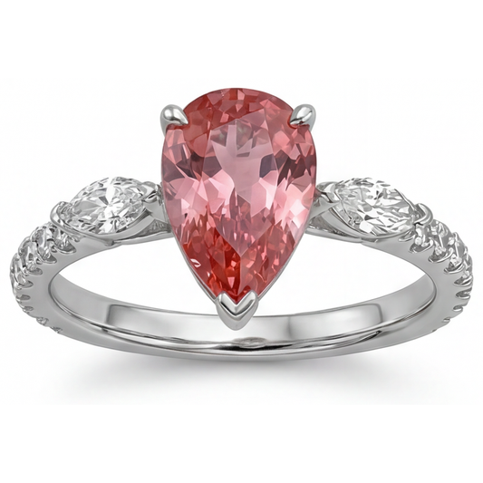 Echter Padparadscha-Pfirsich-Saphir Dreisteinring im Tropfenschliff, 2,9 Karat, 14 Karat Weißgold