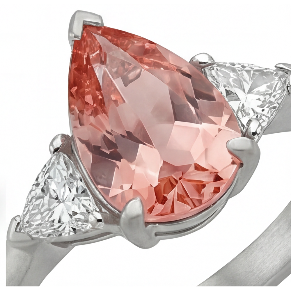 Padparadscha-Saphir Verlobungsring 2,9 Karat Echter Tropfen und weißer Trillant Dreistein 14 Karat Gold