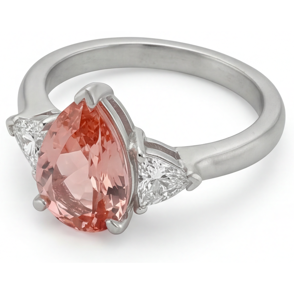 Padparadscha-Saphir Verlobungsring 2,9 Karat Echter Tropfen und weißer Trillant Dreistein 14 Karat Gold