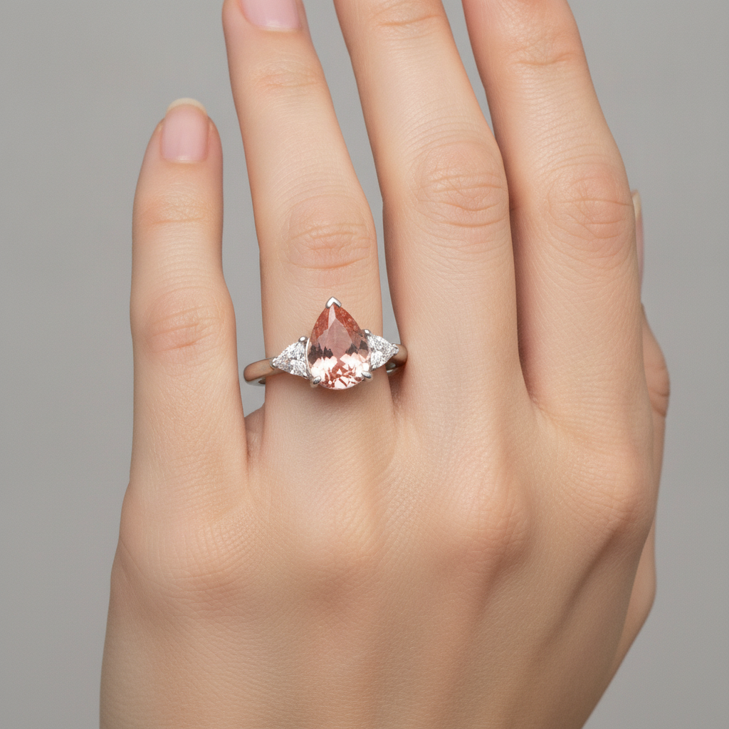 Padparadscha-Saphir Verlobungsring 2,9 Karat Echter Tropfen und weißer Trillant Dreistein 14 Karat Gold