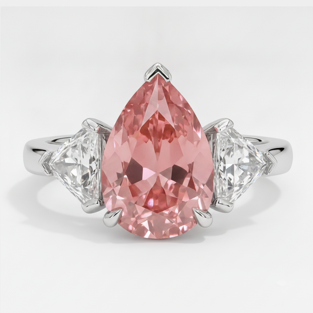 Padparadscha-Saphir-Ring 3,6 Karat Echter Tropfenschliff und weiße Trillanten Dreistein Platin