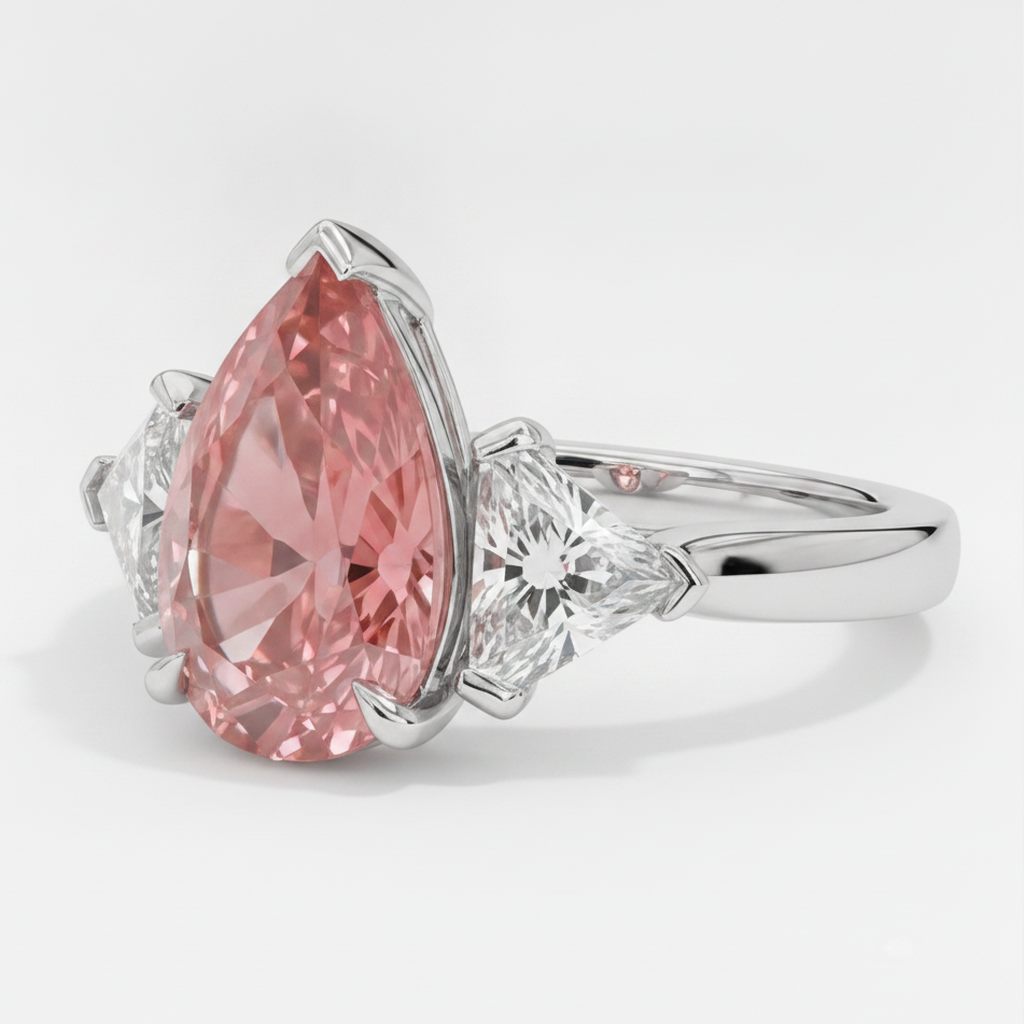 Padparadscha-Saphir-Ring 3,6 Karat Echter Tropfenschliff und weiße Trillanten Dreistein Platin