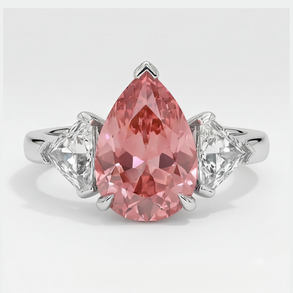Padparadscha-Saphir-Dreisteinring aus Platin, 3,6 Karat, echter Tropfenschliff und weiße Trillanten