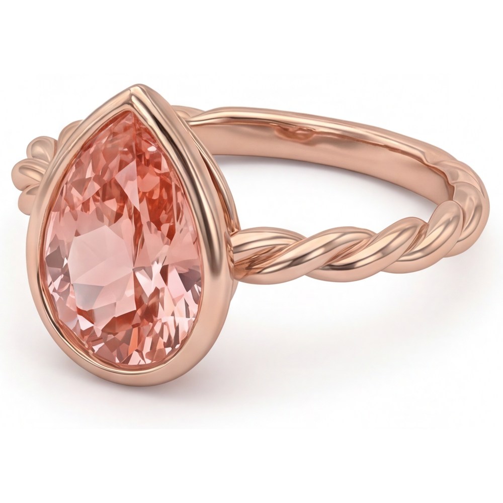2,5 Karat natürlicher Pfirsich-Padparadscha-Saphir Solitärring mit Lünette im Tropfenschliff, 14 Karat Roségold