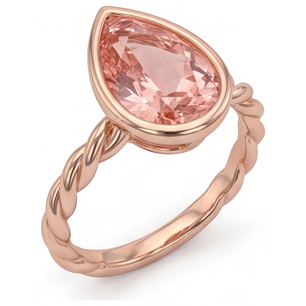 2,5 Karat natürlicher Pfirsich-Padparadscha-Saphir Solitärring mit Lünette im Tropfenschliff, 14 Karat Roségold